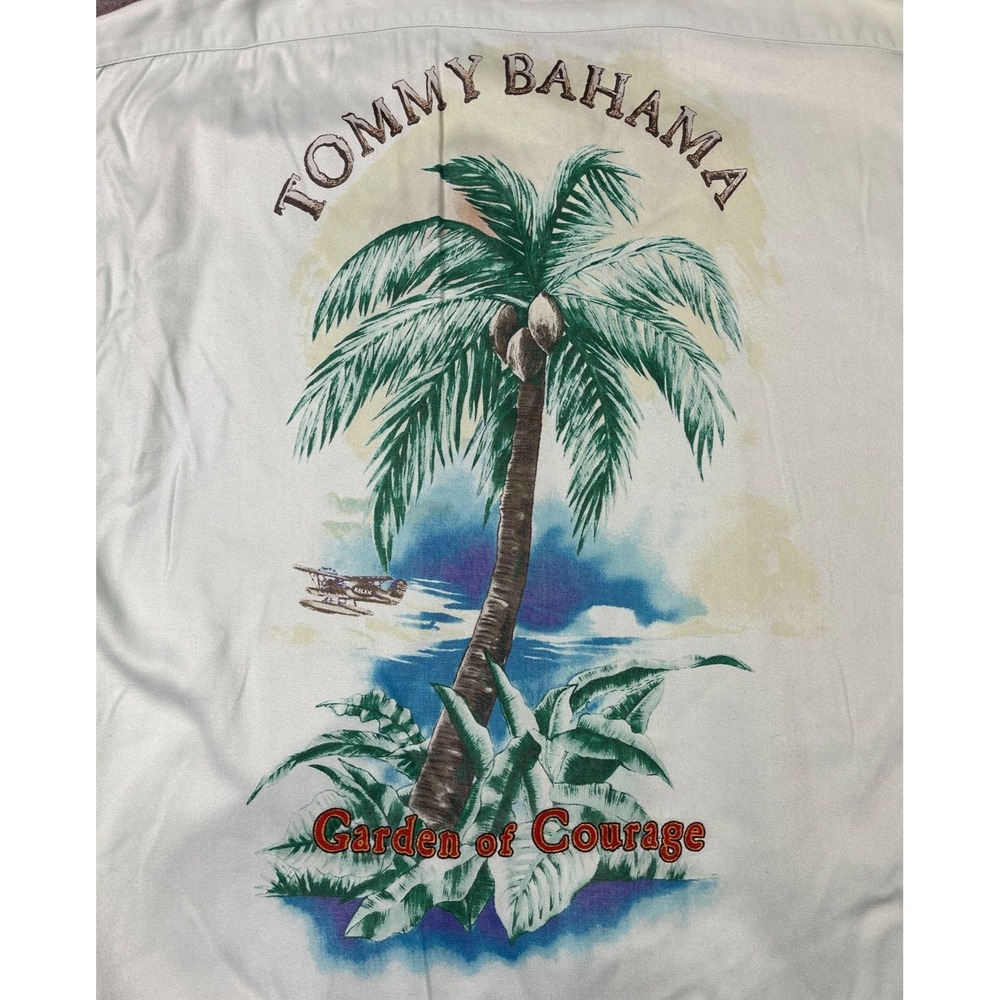 VTG Tommy Bahama‎ Shirt XL Green Embroidered Printed Garden of Courage Hong Kong